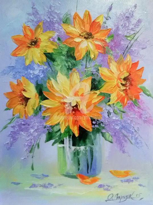 Painting titled "Bouquet   of   sunf…" by Olha, Original Artwork, Oil