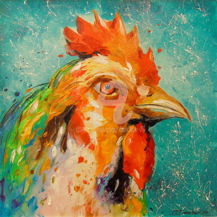 Painting titled "Rooster," by Olha, Original Artwork, Oil