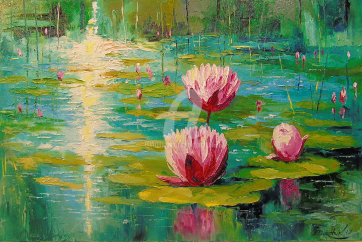 Painting titled "Pond" by Olha, Original Artwork, Oil