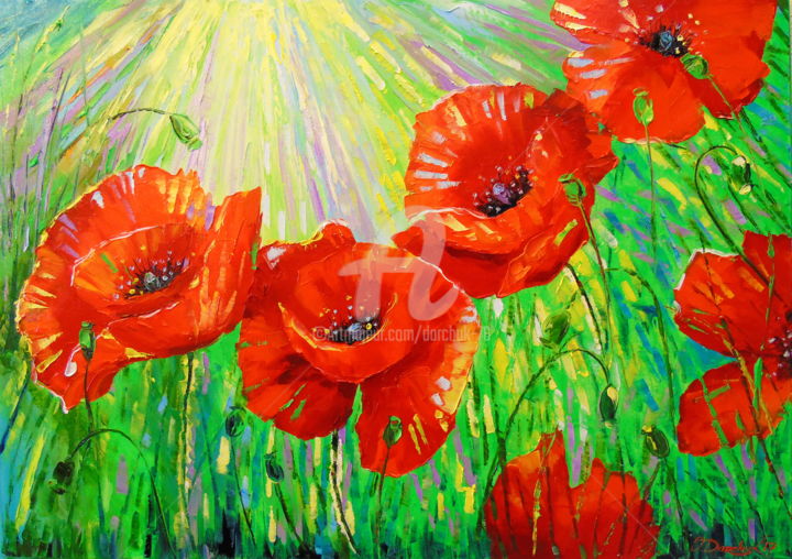 Painting titled "Poppies in the sunl…" by Olha, Original Artwork, Oil