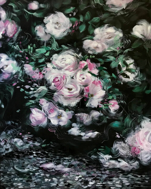 Peinture intitulée "Night/roses/black/f…" par Daria Dacron, Œuvre d'art originale, Acrylique