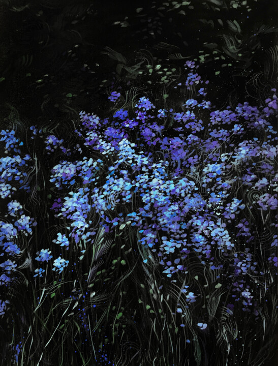 Painting titled "Garden/Flowers/Blue…" by Daria Dacron, Original Artwork, Acrylic Mounted on Wood Stretcher frame