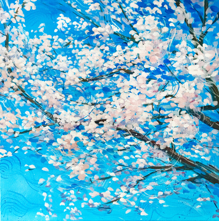 Painting titled "Cherry flowers/Saku…" by Daria Dacron, Original Artwork, Acrylic Mounted on Wood Stretcher frame