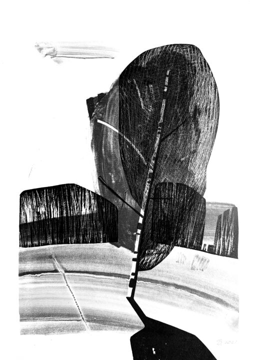 Gravures & estampes intitulée "Birch and cloud" par Daria Dubrovskaya, Œuvre d'art originale, Monotype