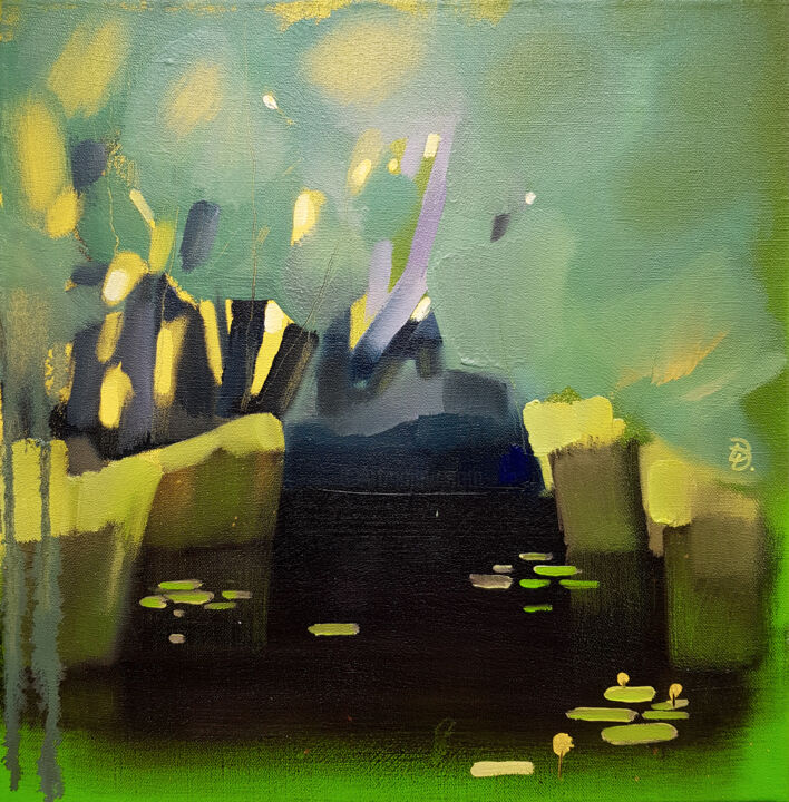 Картина под названием "Spatterdock on the…" - Daria Dubrovskaya, Подлинное произведение искусства, Масло Установлен на Дерев…