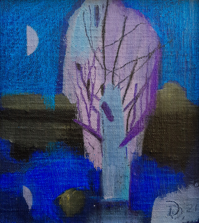 Painting titled "Moon in ultramarine" by Daria Dubrovskaya, Original Artwork, Oil Mounted on Wood Panel