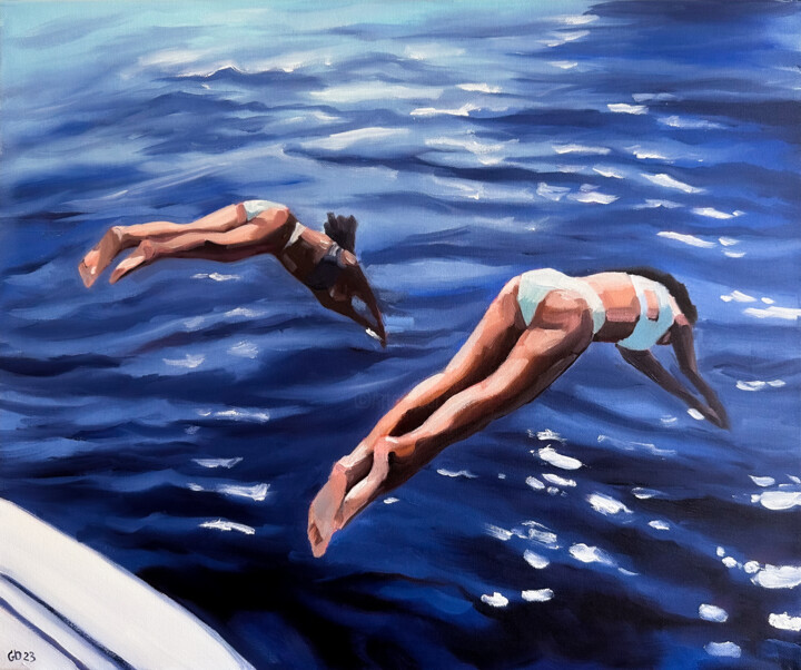 Ζωγραφική με τίτλο "Diving" από Daria Gerasimova, Αυθεντικά έργα τέχνης, Λάδι Τοποθετήθηκε στο Ξύλινο φορείο σκελετό