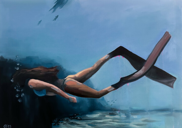 绘画 标题为“Snorkeling - Underw…” 由Daria Gerasimova, 原创艺术品, 油 安装在木质担架架上