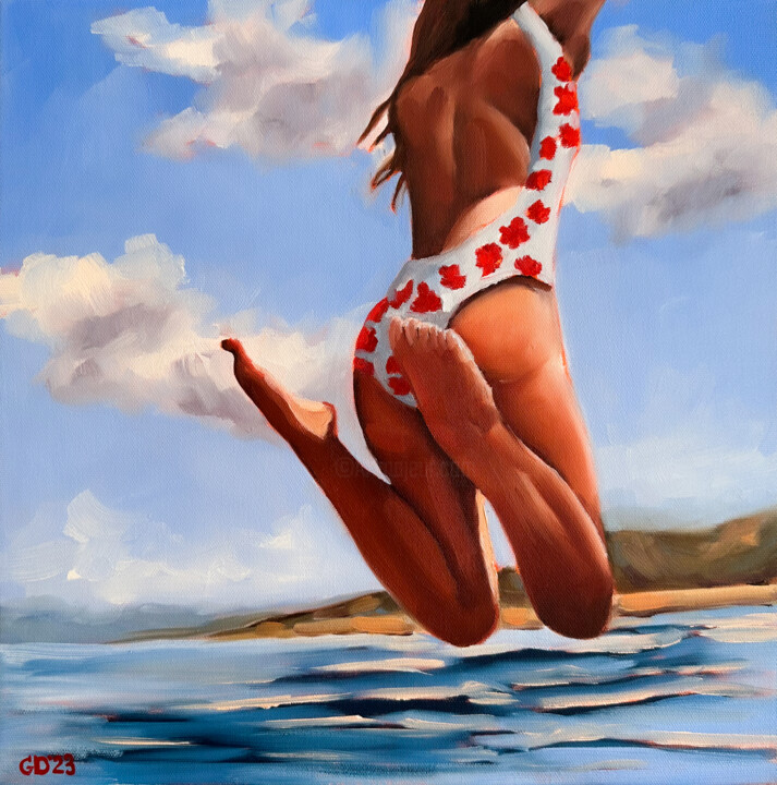 Painting titled "Jump - Woman on Bea…" by Daria Gerasimova, Original Artwork, Oil Mounted on Wood Stretcher frame