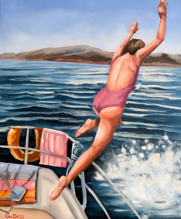 Painting titled "Diving from a Yacht…" by Daria Gerasimova, Original Artwork, Oil Mounted on Wood Stretcher frame