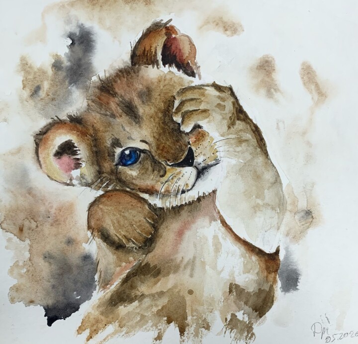 Painting titled "Lion cub" by Daria Kamishanova, Original Artwork, Watercolor