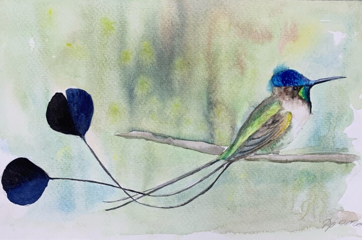 Pintura intitulada "Hummingbirds" por Daria Kamishanova, Obras de arte originais, Aquarela