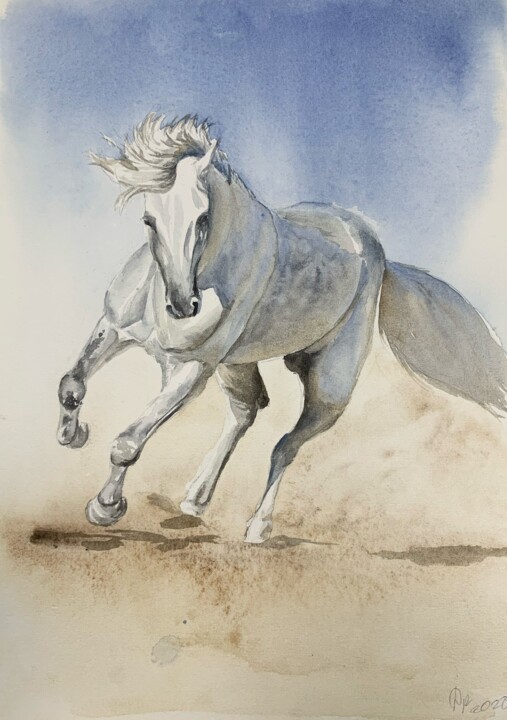Painting titled "White horse" by Daria Kamishanova, Original Artwork, Watercolor