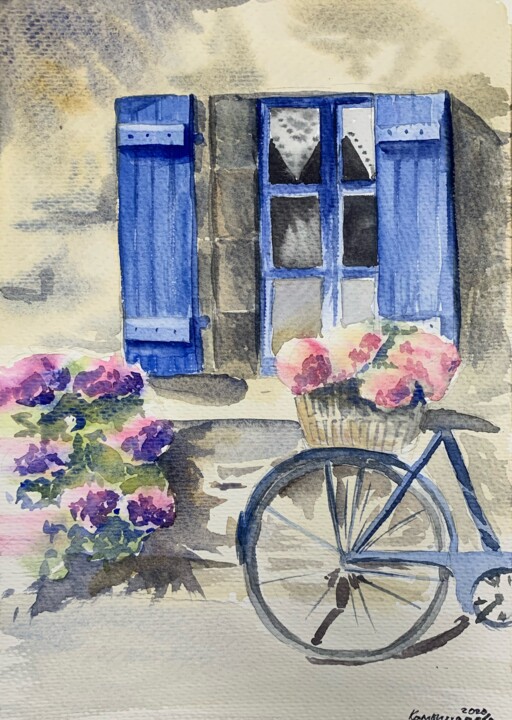 Schilderij getiteld "Bicycle by the wind…" door Daria Kamishanova, Origineel Kunstwerk, Aquarel