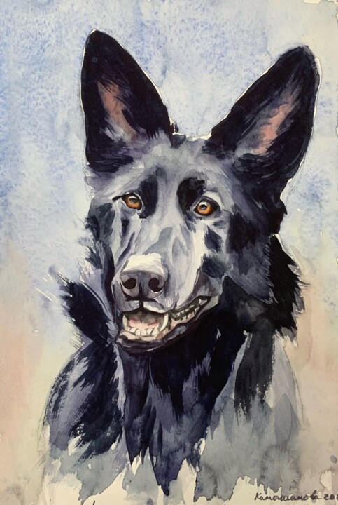 Pintura intitulada "Black dog" por Daria Kamishanova, Obras de arte originais, Aquarela