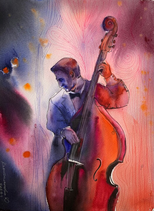 Painting titled "Double bass player…" by Daria Kamishanova, Original Artwork, Watercolor