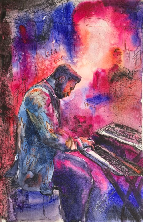 Картина под названием "Pianist in a sweate…" - Daria Kamishanova, Подлинное произведение искусства, Акварель