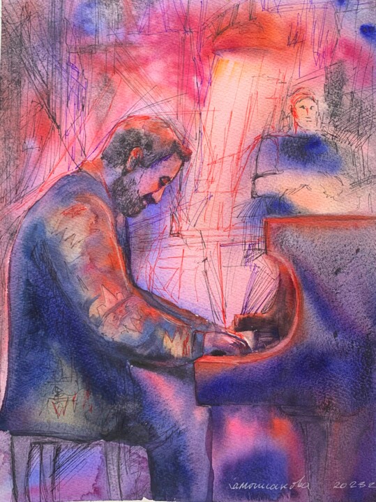 Peinture intitulée "Pianist in a sweate…" par Daria Kamishanova, Œuvre d'art originale, Aquarelle