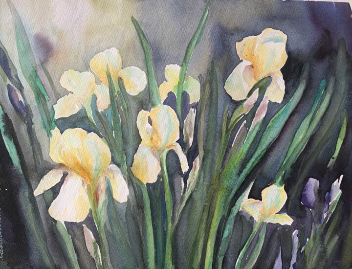 Schilderij getiteld "Yellow irises" door Daria Kamishanova, Origineel Kunstwerk, Aquarel
