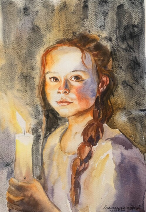 Картина под названием "Girl with a candle" - Daria Kamishanova, Подлинное произведение искусства, Акварель