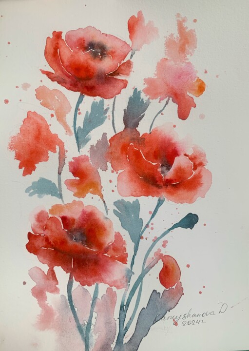 Картина под названием "Poppies" - Daria Kamishanova, Подлинное произведение искусства, Акварель