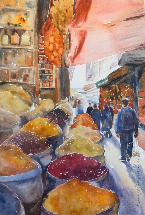 Картина под названием "Oriental bazar" - Daria Kamishanova, Подлинное произведение искусства, Акварель