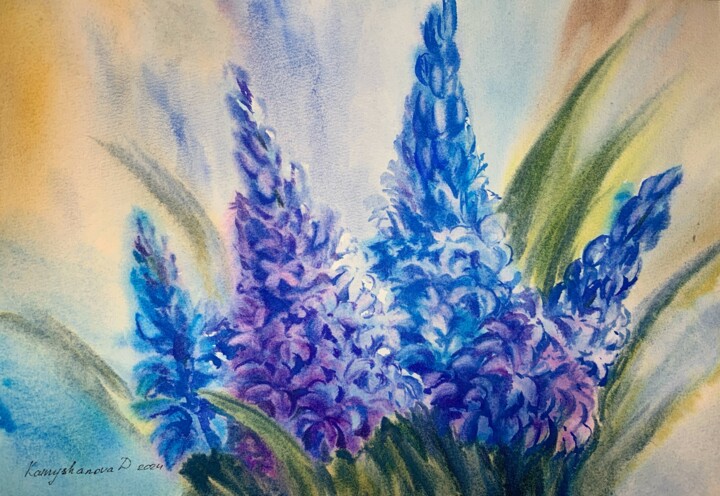 Pintura intitulada "Blue hyacinth (big)" por Daria Kamishanova, Obras de arte originais, Aquarela