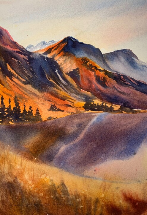 Peinture intitulée "Mountains in warm c…" par Daria Kamishanova, Œuvre d'art originale, Aquarelle