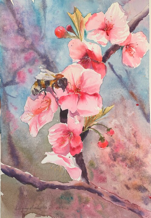 Painting titled "Blooming peaches" by Daria Kamishanova, Original Artwork, Watercolor