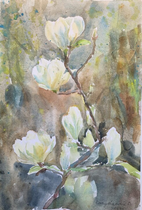Картина под названием "White magnolia (202…" - Daria Kamishanova, Подлинное произведение искусства, Акварель