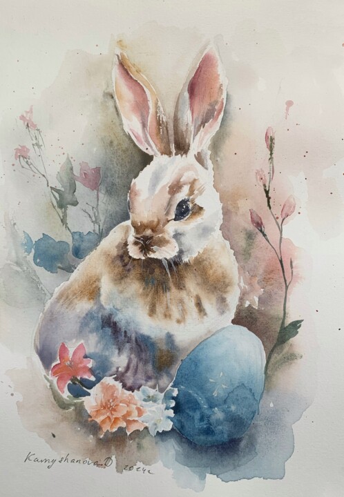 Painting titled "Easter bunny" by Daria Kamishanova, Original Artwork, Watercolor
