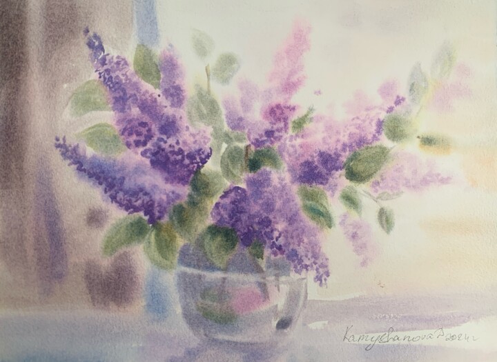 Painting titled "Lilac in a vase" by Daria Kamishanova, Original Artwork, Watercolor