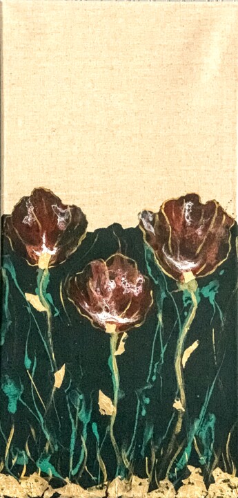 Painting titled "Golden poppies" by Daria Kapytsia, Original Artwork, Acrylic