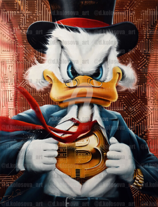 Painting titled "Duck with Bitcoin (…" by Daria Kolosova, Original Artwork, Oil