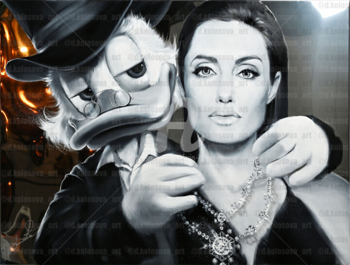 Painting titled "Duck and Angelina J…" by Daria Kolosova, Original Artwork, Oil Mounted on Wood Stretcher frame