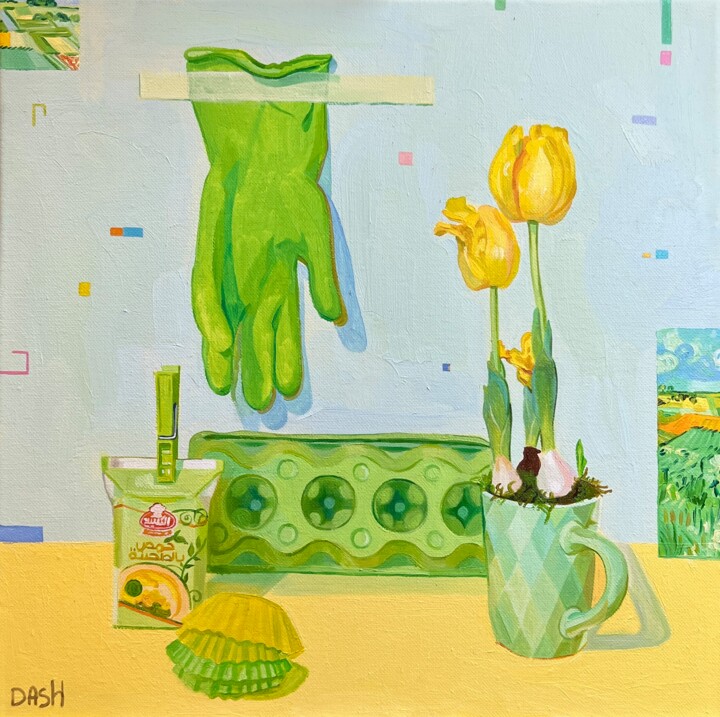 Painting titled "Green and tulips" by Daria Zasukhina, Original Artwork, Oil
