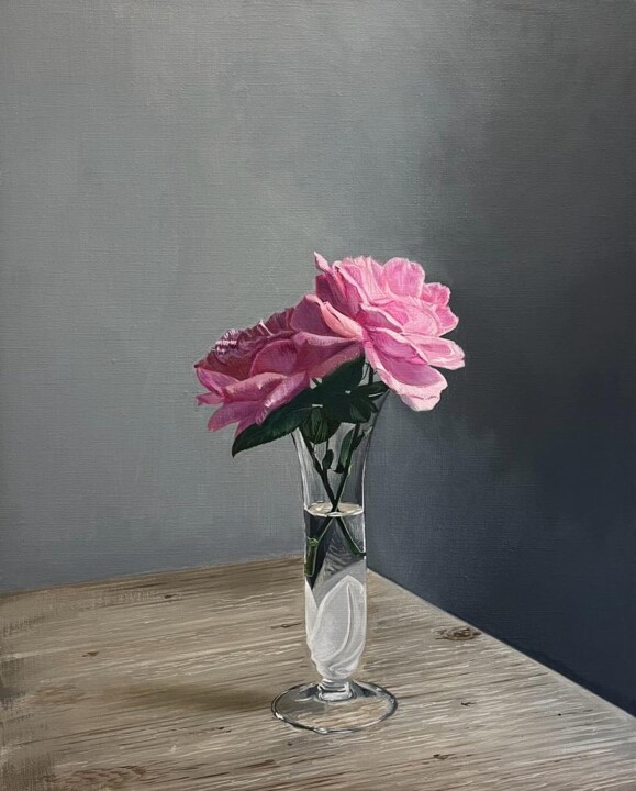 Painting titled "Roses #1" by Dario Cavicchioni, Original Artwork, Oil Mounted on Wood Stretcher frame