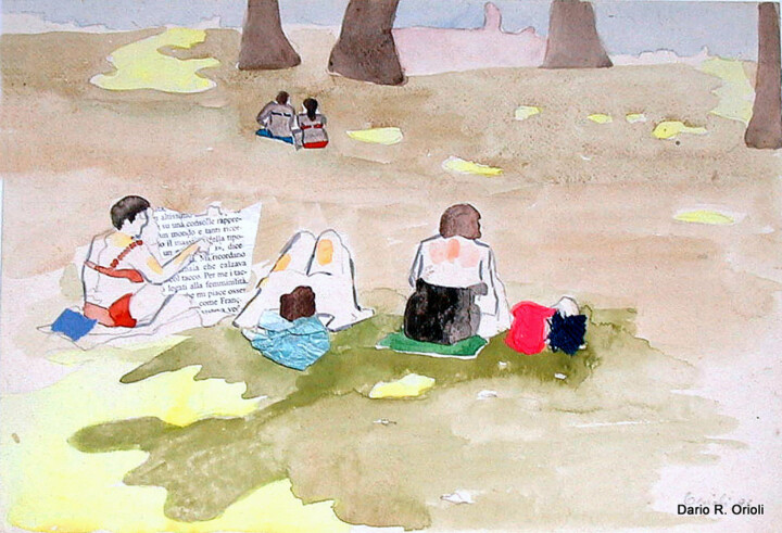 Картина под названием "Rest on the Beach" - Dario Raffaele Orioli, Подлинное произведение искусства, Акварель