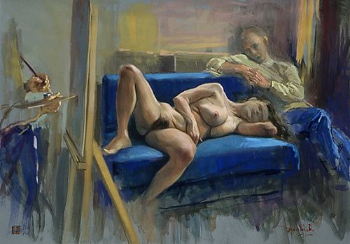 Pintura titulada "El sofa azul" por Dario Ortiz, Obra de arte original,