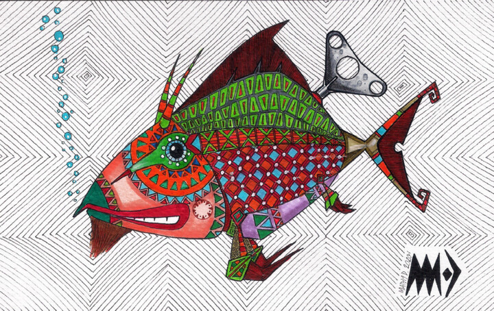 Rysunek zatytułowany „Nakręcona ryba roga…” autorstwa Dariusz Demoon Madaj, Oryginalna praca, Marker