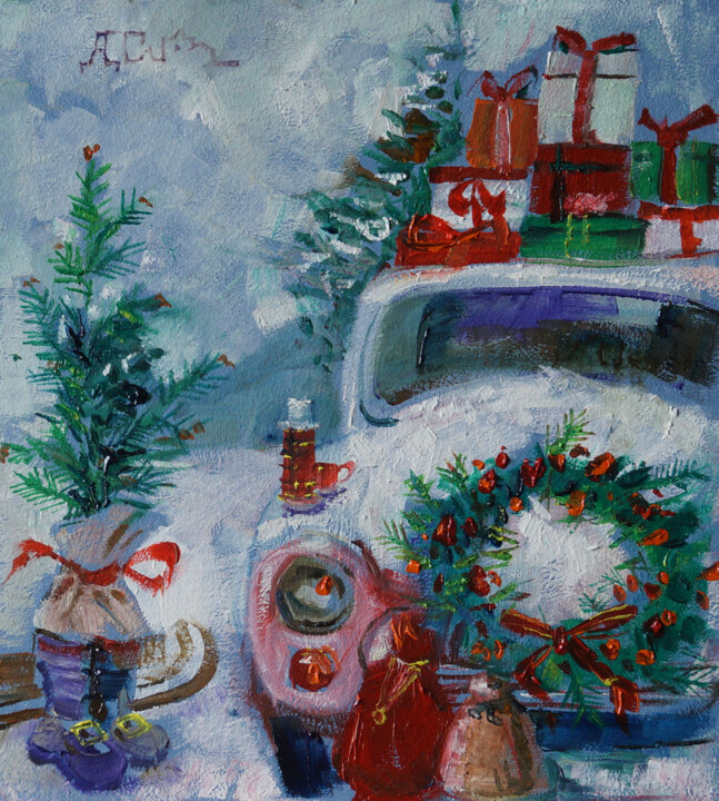 Peinture intitulée "CHRISTMAS LANDSCAPE…" par Dariya Tumanova, Œuvre d'art originale, Huile