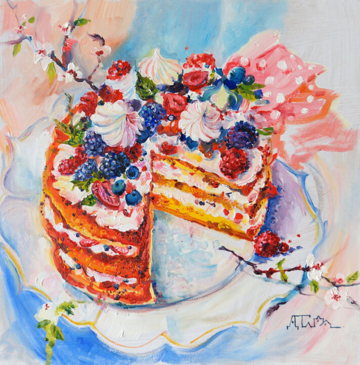 Painting titled "Cake oil painting" by Dariya Tumanova, Original Artwork, Oil