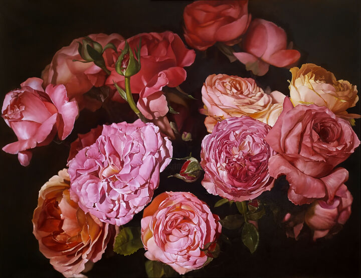 Pintura titulada "Peony roses" por Darkan Yermekbayev, Obra de arte original, Oleo