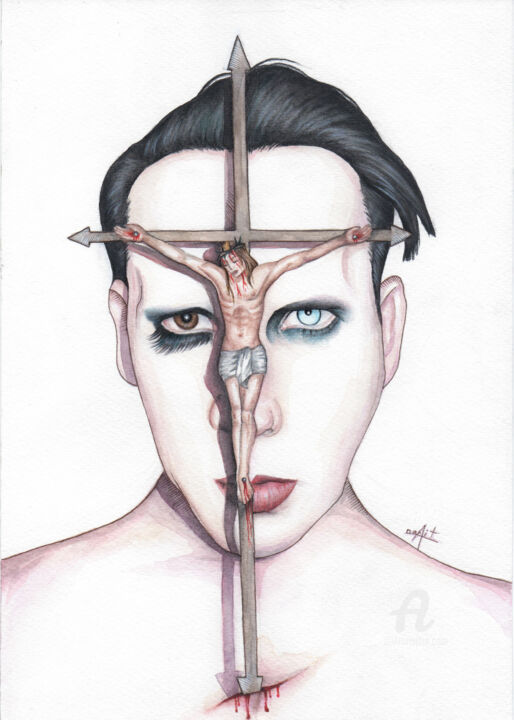 Painting titled "Marilyn Manson" by Anaït, Original Artwork, Watercolor
