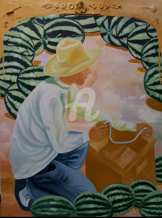 Peinture intitulée "Water Melon Vendor" par Johnny E.S.J. Otilano, Œuvre d'art originale, Huile