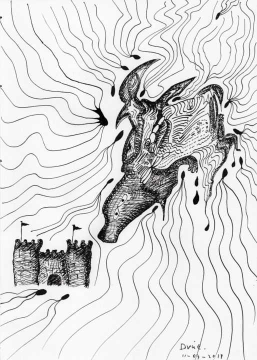 Dessin intitulée "Cow And Castle." par Darkvine, Œuvre d'art originale