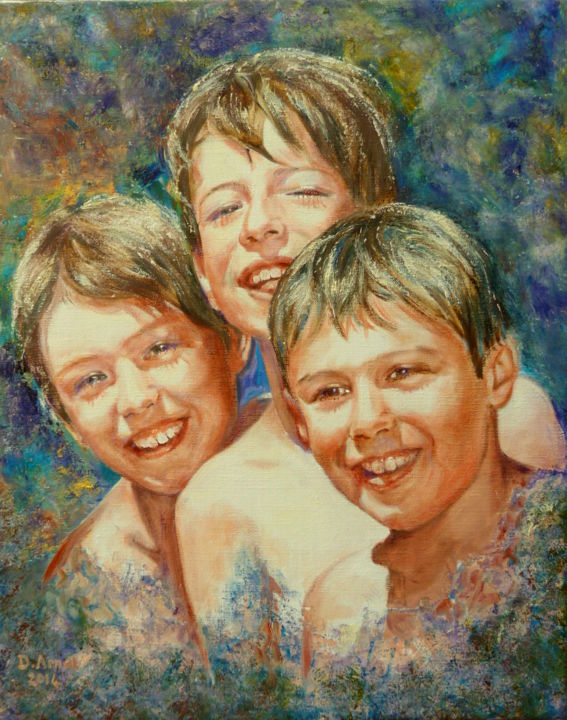 Peinture intitulée "3-freres-au-soleil" par Darnal, Œuvre d'art originale, Huile