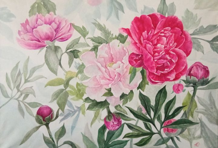Картина под названием "Peonies and Roses" - Дарья Аллин, Подлинное произведение искусства, Акварель
