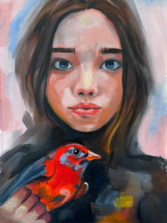 Painting titled "Girl with a Red Bird" by Darya Khus, Original Artwork, Oil