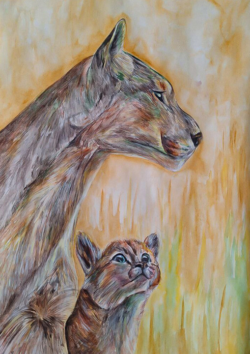Dessin intitulée "Mother lion and the…" par Darya Moisseyeva, Œuvre d'art originale, Aquarelle